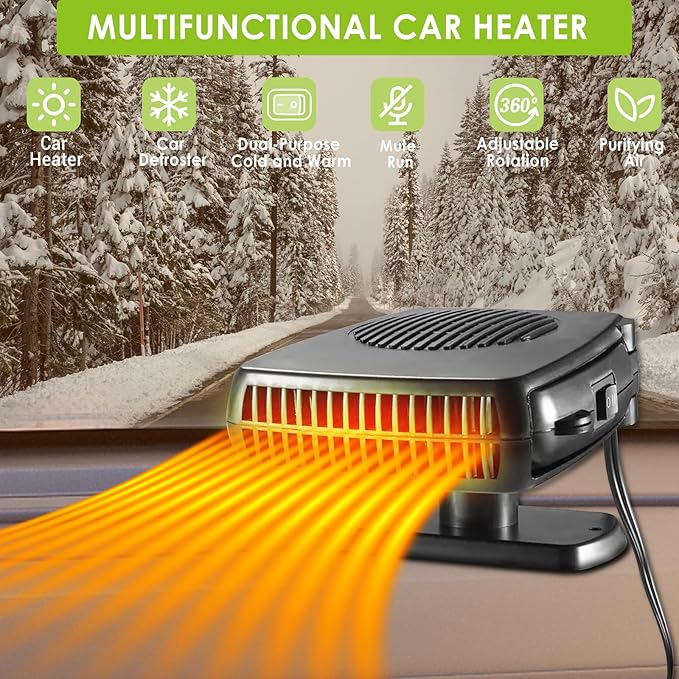 Car Heater, 12V 200W Portable Car Demister Windshield Defogger and Defroster Fast Heating&Cooling Fans with Cigarette Lighter Plug/Ergonomic Handheld/360° Rotary Base for Cars, SUV, Jeeps, Trucks, MPV