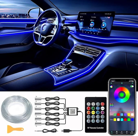 DEHERANE Interior Car LED Strip Lights, RGB 6 in 1 Ambient Lighting Kits with 315 inches Fiber Optic, 16 Million Colors Car Interior Lights with Wireless APP and Remote Control, Sync to Music