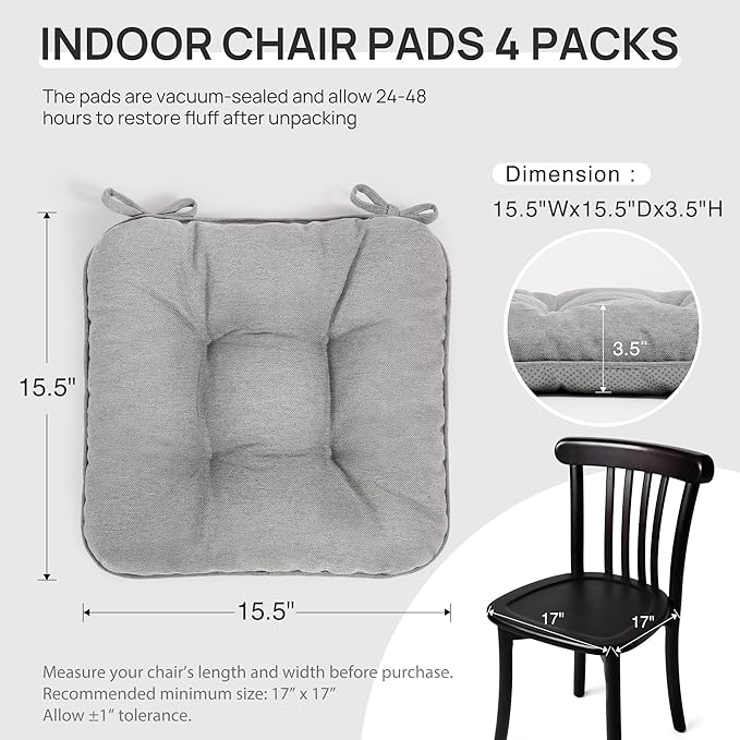 Love's cabin Memory Foam Chair Cushions Set of 4, 15.5"x15.5"x3.5" Indoor & Outdoor Seat Pads for Dining, Kitchen, Office, Patio Chairs - Light Grey