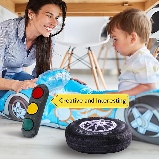 Woanger 2 Pcs Race Car Room Decor Racing Plush Throw Pillow Set Gift 15.7 Inch Soft 3D Simulation Wheel Pillow Funny Tire Cone Traffic Light and Stop for Valentines Bedroom Decorations(Traffic Light)