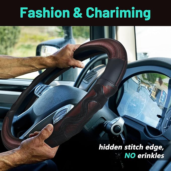 DaisyInner 18 Inch Semi Truck Steering Wheel Cover Heavy Duty Leather Wheel Comfy Grip Cover Anti Slip Car Accessory Fits Rv, Big Rig 18 Wheeler and Pickup (Red, Classic Style)