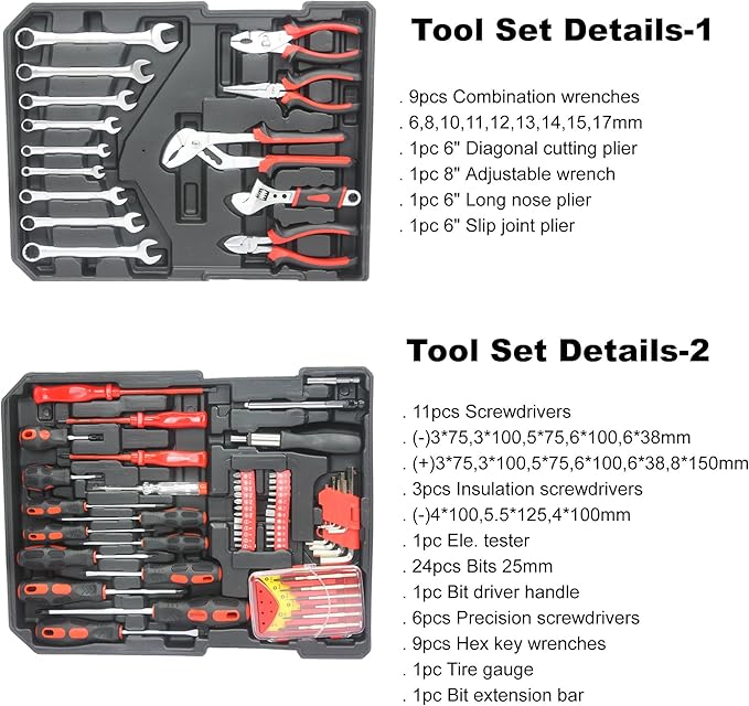 RYH 899pcs All-in-One Professional Tool Set & Rolling Tool Box Set - 4 Drawer Organizer Storage Case - Complete Home, Auto, Mechanic Tool Kit for DIY, Homeowner, Handyman Tool Set (Black)
