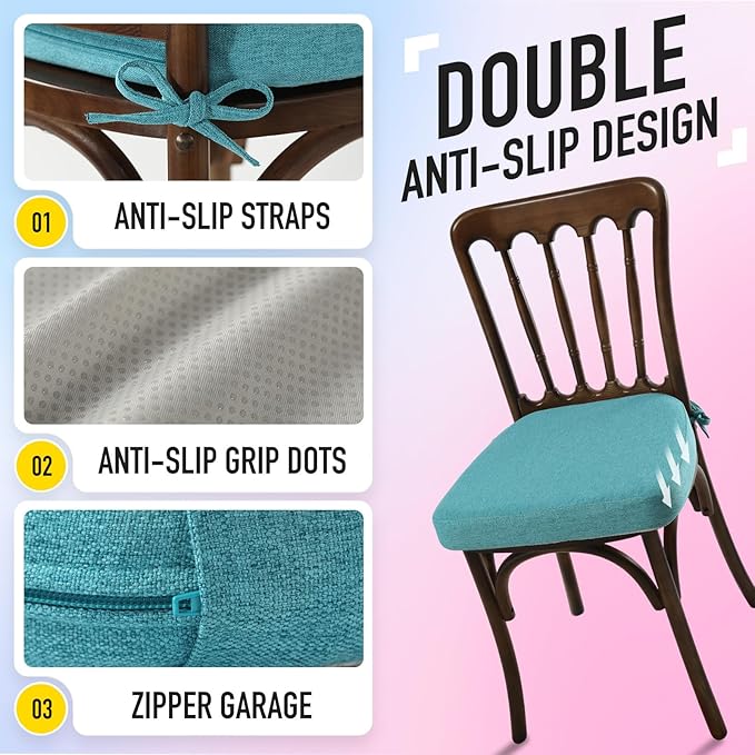 SUNROX Cooling Gel Memory Foam Chair Cushions, 2.6" Thick U-Shaped Dual-Layer Comfort Dining Chair Pads, Non Slip Seat Cushion with Ties for Indoor Kitchen Office 17"x16" Set of 4, Turquoise