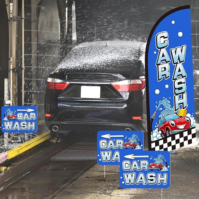Car Wash Feather Flagpole Kit Include 7 ft Banner Flag with Poles 5 Pcs Car Wash Sign and 10 Pcs Ground Stake for Outside Business Stores Shops Decoration