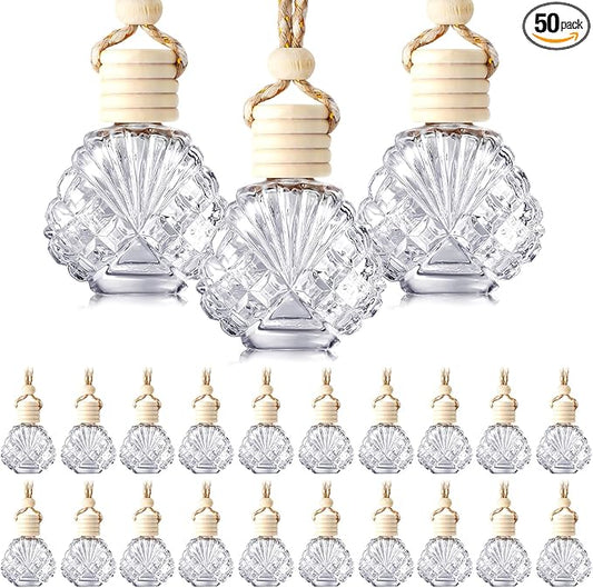 BBTO 50 Pcs Hanging Car Air Freshener Car Diffuser Bottles Empty Glass Perfume Bottle Freshener Diffuser Bottle Pendant for Essential Oil Fragrance Aromatherapy Ornament(Shell)