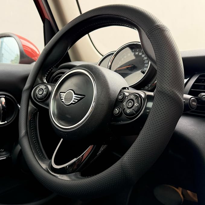 PINCTROT Large Size Nappa Leather Steering Wheel Cover with Ergonomic Palm Support Grip, Full Perforated Breathable, Slim Fit No Bulk Design,15.5-15.75 Inch(Black)