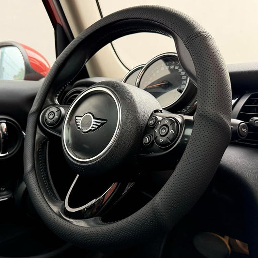 PINCTROT Large Size Nappa Leather Steering Wheel Cover with Ergonomic Palm Support Grip, Full Perforated Breathable, Slim Fit No Bulk Design,15.5-15.75 Inch(Black)