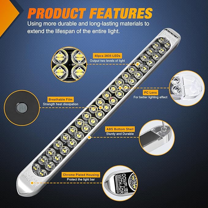 Nilight LED Tail Light 2PCS 17 Inch 40LED White Running Tail Reverse Back Up Lights w/Chrome Bezel Waterproof Surface Mount for 12V Towing Trailer Truck RV Camper Boat