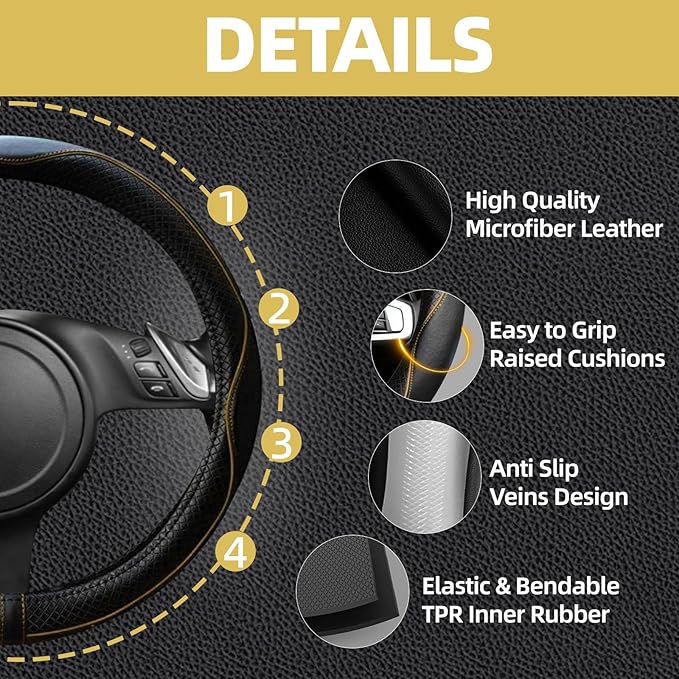 NBTEPEM 6 PCS Car Steering Wheel Cover Set, Microfiber Leather Steering Wheel Covers Universal 14.5-15 inch, Center Console Cover, Seat Belt Cushion, Cup Holder Coaster, Car Accessories Set Beige