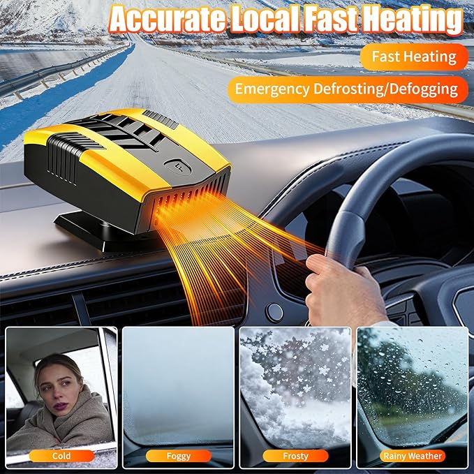 2026 Portable Car Heaters for Vehicle, Car Heater That Plugs Into Cigarette Lighte, Portable Heater for Car, 2 in 1 Fast Heating & Cooling 360° Rotatable Car Defroster Windshield Heater Yellow