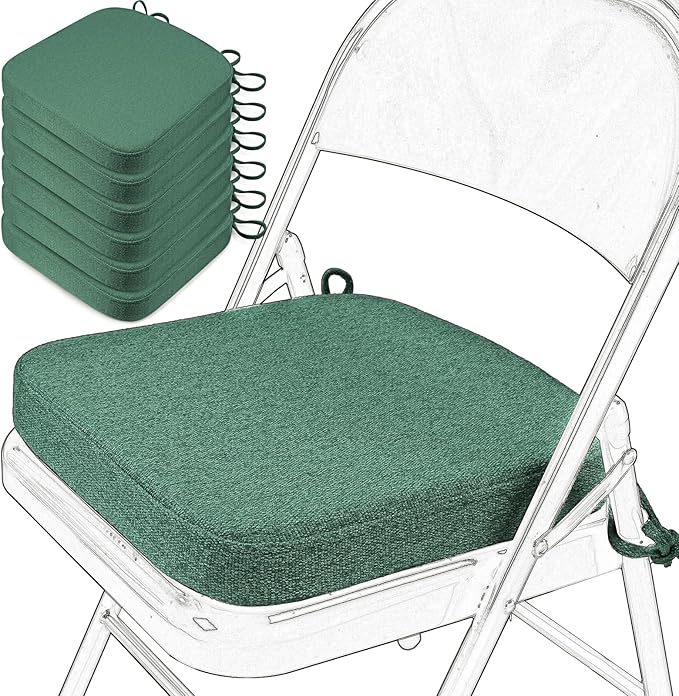 SINOSSO Memory Foam Chair Cushions for Folding Chairs 6 Pack, Thickened 2" Square Pads with Ties for Kitchen Chairs, Indoor Non-Slip Dining Chair Seat Cushions (Set of 6, Green)