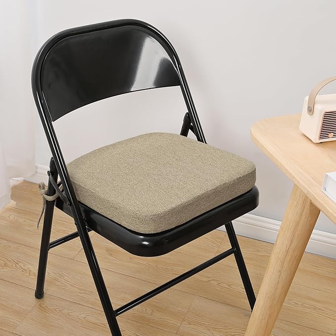 SINOSSO Memory Foam Chair Cushions for Folding Chairs 4 Pack, Thickened 2" Square Pads with Ties for Kitchen Chairs, Indoor Non-Slip Dining Chair Seat Cushions (Set of 4, Linen)