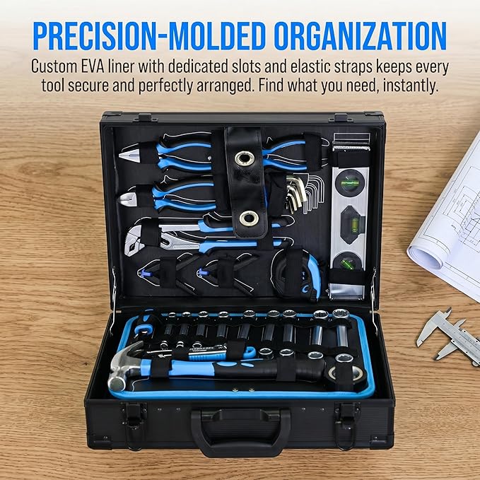 247-Piece Mechanics Tool Set, CR-V Socket Wrench Set in Heavy-Duty Aluminum Case, Complete Automotive Repair & Handyman Tool Kit for Men, Workshop, & Machinery, Blue
