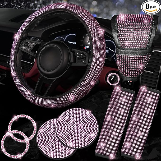 NBTEPEM 8 pcs Pink Bling Car Accessories Set for Women, Steering Wheel Cover, Sparkly Seat Belt Covers, Bling Gear Shift Cover, Universal Fit Most Cars (Pink Diamond)
