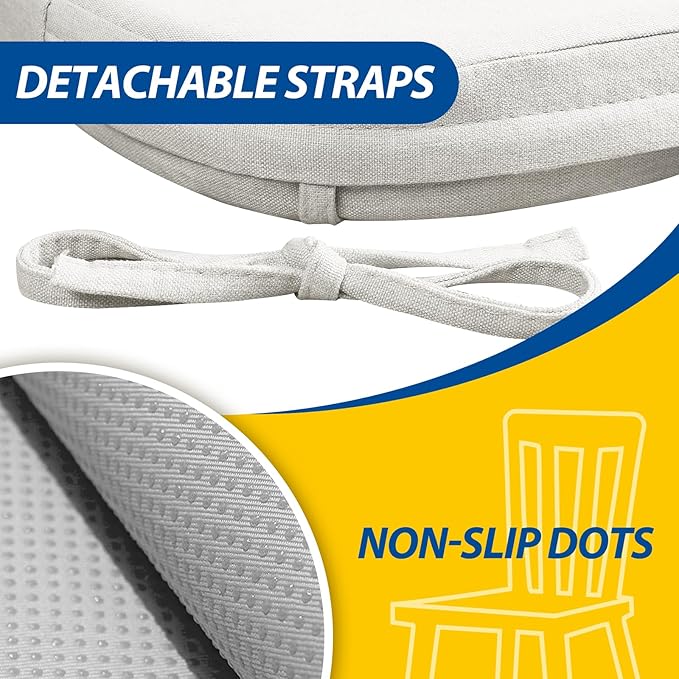 AAAAAcessories D-Shaped Chair Cushions, 2" Thick Dining Chair Pads with Ties and Removable, Machine-Washable Cover, 17" x 16", Set of 8, INatural Linen