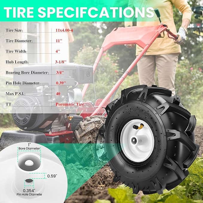 11x4.00-4" Tiller Tires and Wheels, (2-Pack 3/4" Axle Bore, 3-1/8" Centered Hub) 11x4.00-4" Tiller Tires Replacement for Craftsman & Troy-Bilt Garden Tractors, Tillers & Trenchers