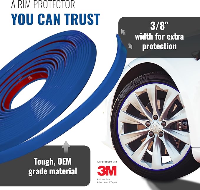 All-Fit Automotive Rim Trim – Durable DIY Car Exterior Accessories for Curb Rash Protection – Fits Up to Four 24” Wheels – Flexible, Durable Wheel Rim Protector (3/8″ width/Blue)