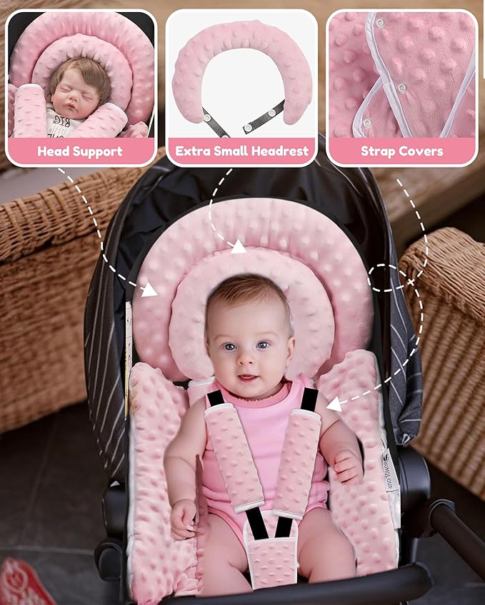 BOMOLOUR Infant Car Seat Insert with Removable Cushion for Baby Preemie Newborn Infant, Reversible carseat Insert Head Body Support Fits for Stroller, Baby Swing, Rocker, Bouncer, Bassinet - Pink