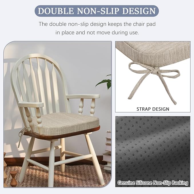 baibu Kitchen Chair Cushions Set of 2, Dual-Layer Patented Design Memory Foam Dining Chair Pads with Ties and Washable Cover, 2 Pack, 17" x 16" x 2", Beige
