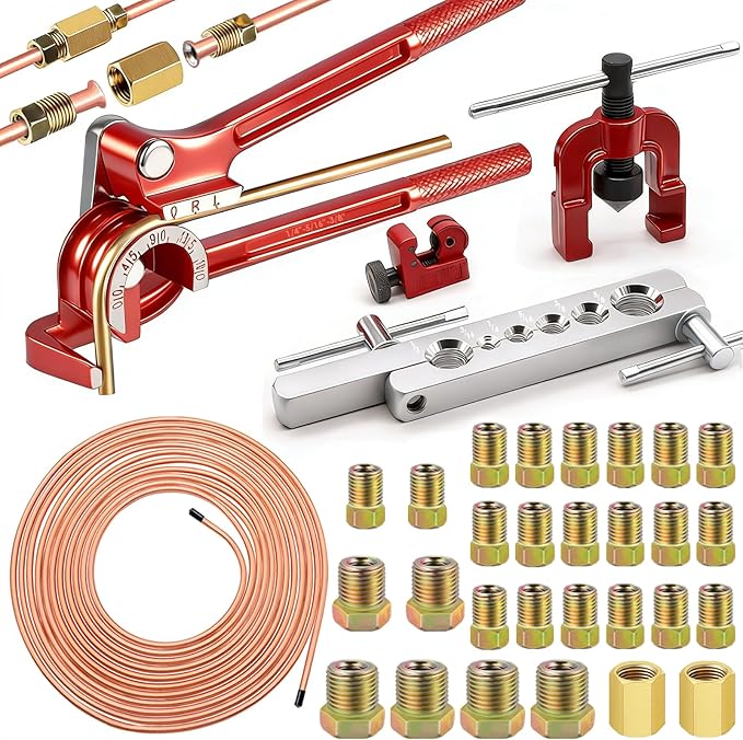 smseace 26Pack 1/4 Inch Brake line kit Includes 25FT Copper-Plated Brake Lines with Fittings(16pcs Fittings,2pcs Union+4pcs Nut)，Brake line Bender，Single Flaring Tool，Pipe Cutter 1/4 Inch Brake Lines
