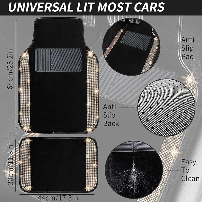 NBTEPEM 12 Pcs Bling Car Accessories Set for Women Car Floor Mats Full Set Steering Wheel Cover Seat Belt Covers Coasters Universal Fit Car SUV Truck Van Gold