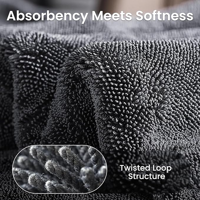 REEVAA Twisted Loop Car Drying Towel, [1300GSM, Pro-Grade Care] Car Microfiber Cleaning Cloth Accessories, Streak Free, Lint Free, Reusable, 2Pcs (36"×24"+16"×16"), Black Gray