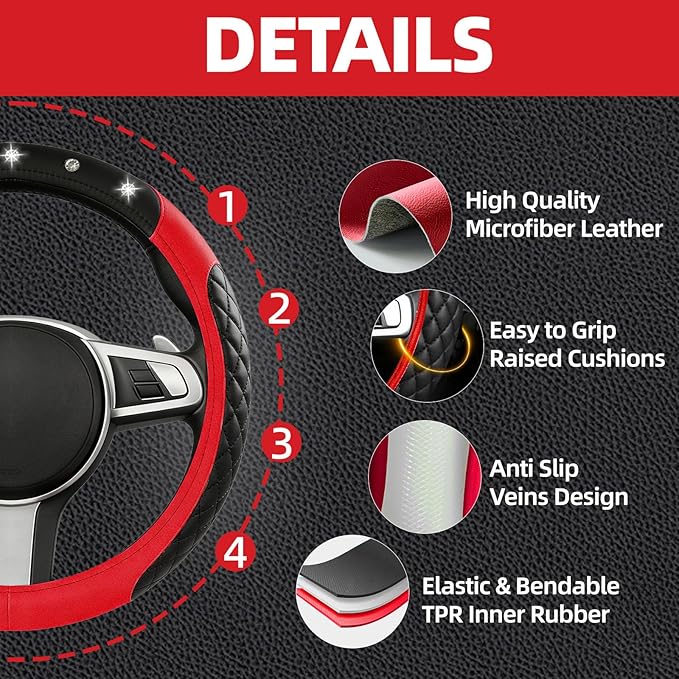 NBTEPEM 6 PCS Bling Car Accessories Set, Leather Steering Wheel Covers Universal 14.5-15 inch, Center Console Cover, Seat Belt Cushion, Cup Holder Coaster (Red)