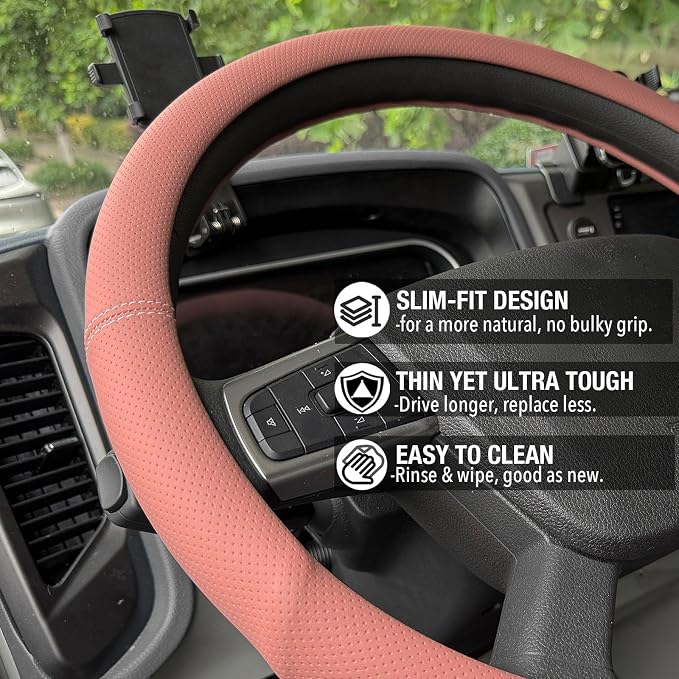 PINCTROT XL 17.5-18in Nappa Leather Supported Grip Steering Wheel Cover for Semi Truck, Fits RV, Big Rig Trucker, 18 Wheeler and Classic Cars, Anti-Slip Perforated Design 17.5-18 Inch (Maple Brown)