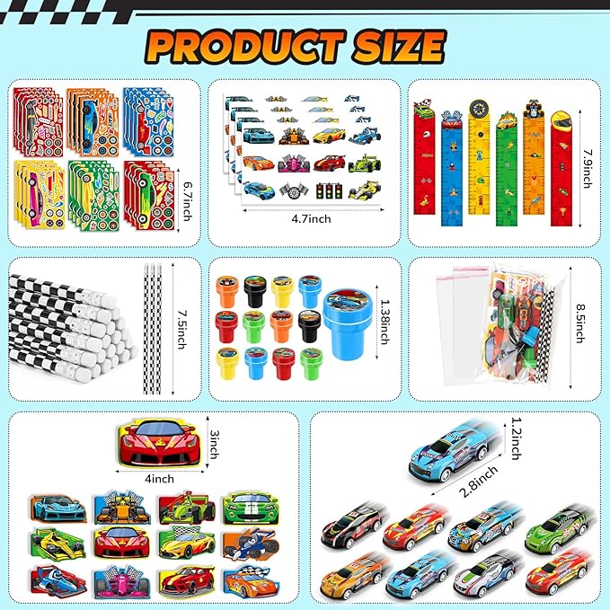 BenLouis 192Pcs Race Car Party Favors Racing Theme School Stationery Set Bulk for Kids Fast Racecar Wheel Birthday Party Goodie Bag Stuffers Classroom Gifts Rewards Pinata Filler