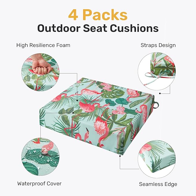 UNIKOME Outdoor Chair Cushions Pack of 4, Water Resistant Patio Cushions with Ties, High Density Sponge Filling Square Corner Seat Cushions for Outdoor Furniture, 19"*19"*3", Flamingos