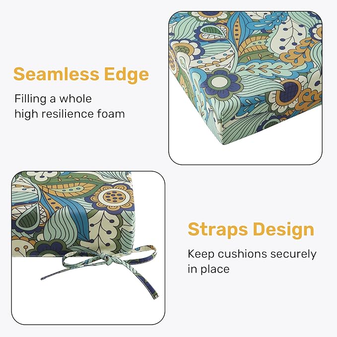UNIKOME Outdoor Chair Cushions Pack of 4, Water Resistant Patio Cushions with Ties, High Density Sponge Filling Square Corner Seat Cushions for Outdoor Furniture, 19"*19"*3", Sun Flower