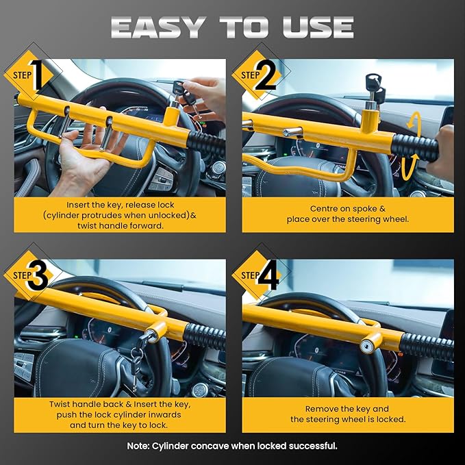 LAMA Heavy Duty Steering Wheel Lock Car Anti-Theft Device, Universal Vehicle Steering Wheel Lock Car Anti Theft Security Lock for Cars Trucks Vans and SUVs(Yellow)