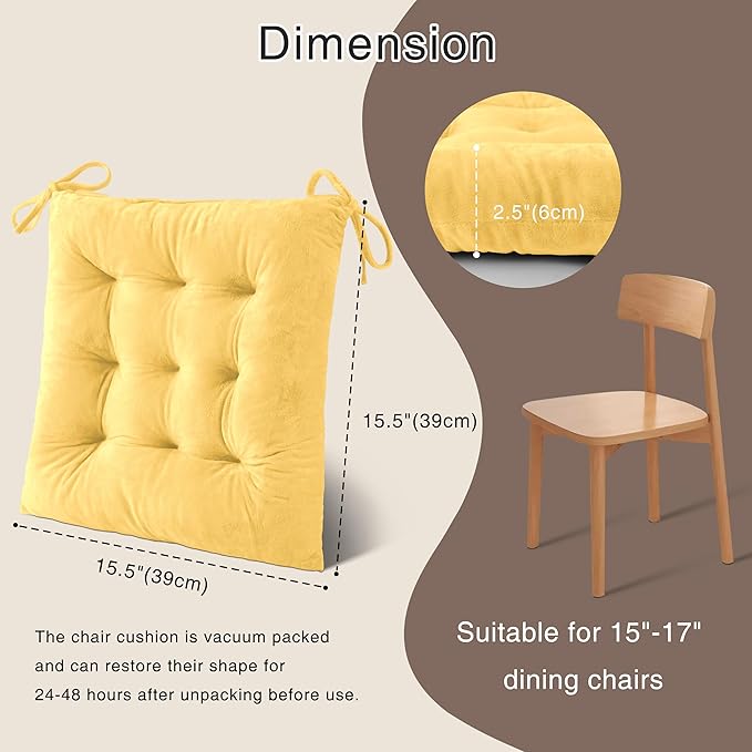 OVOV 4 Pack Chair Cushions for Dining Chairs Soft Seat Cushions for Kitchen Desk Chairs Square Chair Pads with Ties (15.5"x15.5" Pastel Yellow)