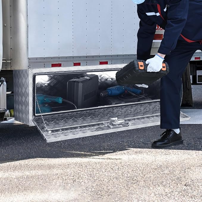 VEVOR Underbody Truck Box, 48"×24"×24" Pickup Storage Box, Heavy Duty Aluminum Diamond Plate Tool Box with Lock and Keys, Waterproof Trailer Storage Box with T-Handle Latch for Truck, Van, Trailer