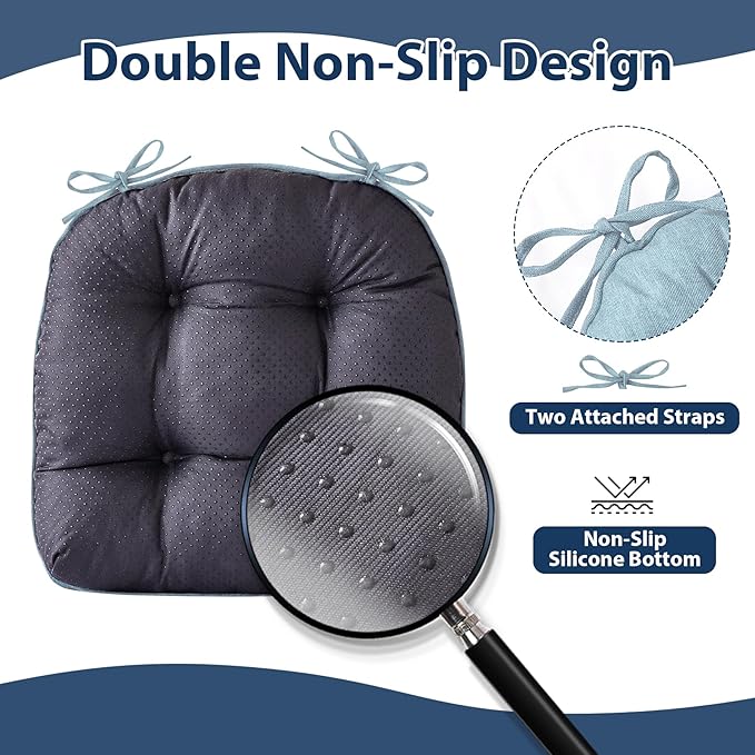 IASEAHK Chair Cushions for Dining Chairs, Seat Cushions for Kitchen Chairs, Indoor Seat Cushions with Ties, Tufted Foam Chair Pads, Non Slip Chair Cushions Set of 4, 15.5" x 15.5" x 4", Light Blue
