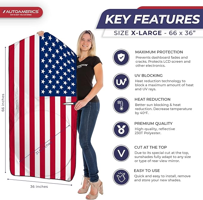 Autoamerics Truck Windshield Sun Shade with Storage Pouch & Anti-Slip Dash Pad - Foldable Original USA Flag Design - Fits Most SUVs & Trucks - Blocks UV Rays, Keeps Vehicle Cool | X-Large (66 x 36 in)