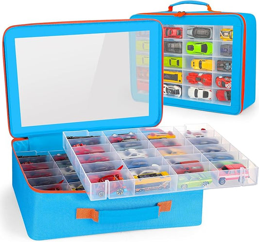 Toy Organizer.72 Compartments.Toy Storage Box Compatible With Hot wheels Cars, Matchbox Cars,Mini Toys and Small Dolls.Toy Storage Display Case With 3 Layers of Removable Trays(Blue)