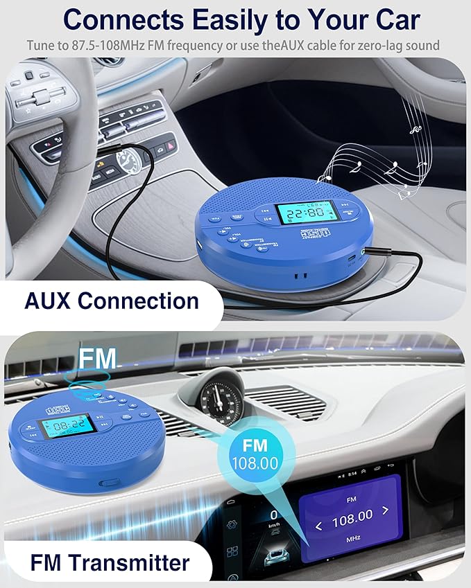 Sunoony Portable CD Player with Bluetooth, Disman CD Player for Car with FM Transmitter, Rechargeable Personal cd Player with Anti-Skip Protection, Headphones, AUX/USB Supported, LCD(Blue)