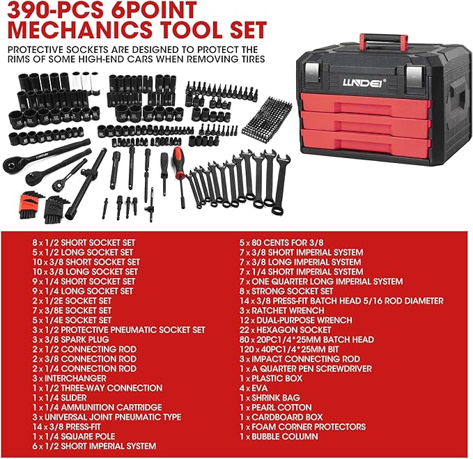 LLNDEI Mechanics Tool Set and Socket Set, 1/4" 3/8" 1/2" Drive Deep and Standard Sockets 12 Point, 390 Pcs SAE and Metric Mechanic Tool Kit with Bits, Combination Wrench