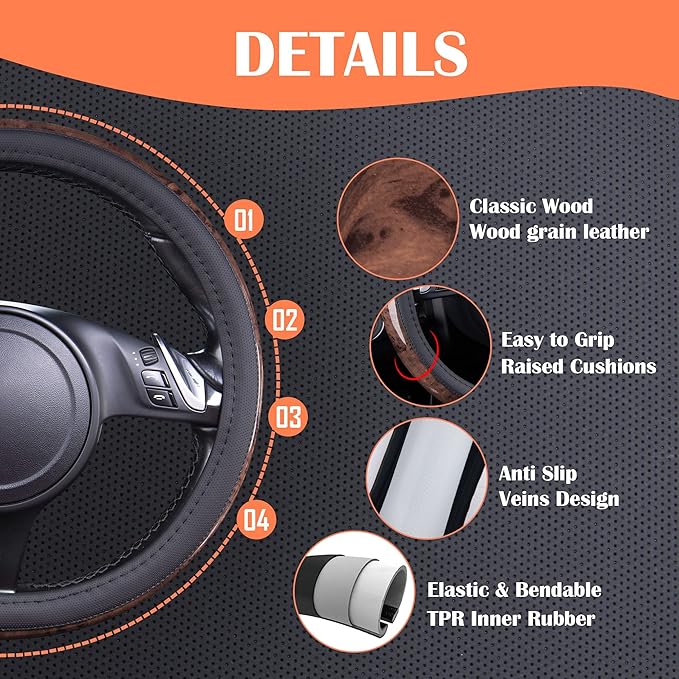 CAR PASS Wood Grain Microfiber Leather Steering Wheel Cover, Universal Fit for 14 1/2-15 inch Black Steering Wheel, Anti-Skip Veins Design,Cars, Suvs,Vans, Sedans (Black)