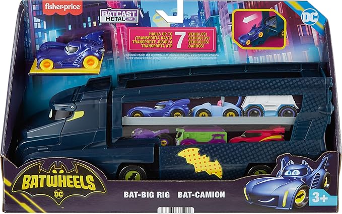 Fisher-Price DC Batwheels Toy Hauler and Car, Bat-Big Rig with Ramp and Bam The Batmobile 1:55 Scale Diecast Toy Vehicle, Ages 3+ Years
