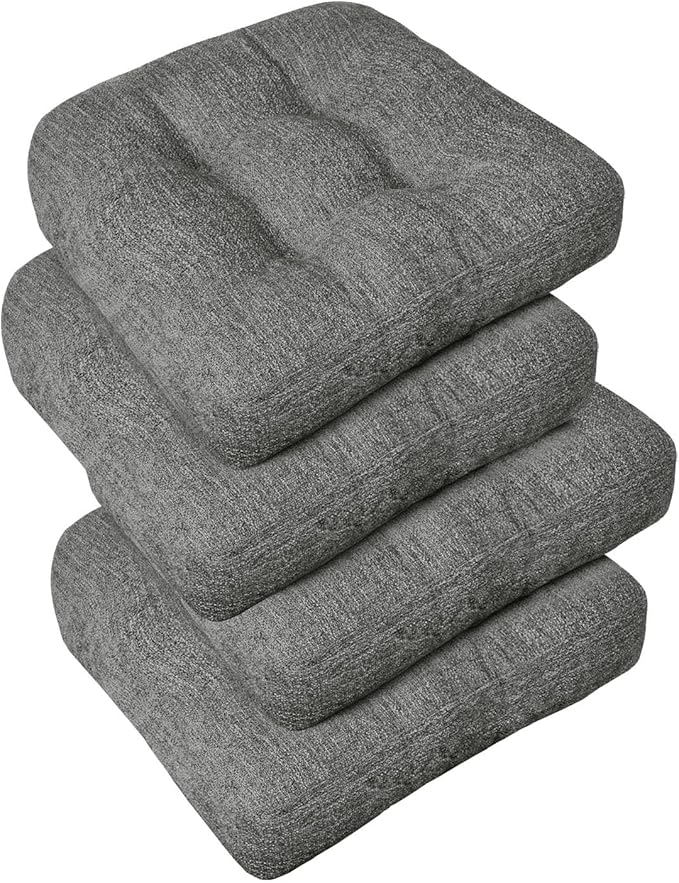 downluxe Chair Cushions for Dining Chairs 4 Pack, Tufted Indoor Chair Pads with Non-Slip Bottom, U-Shaped Kitchen Chair Cushions, 18"x18"x4", Dark Grey