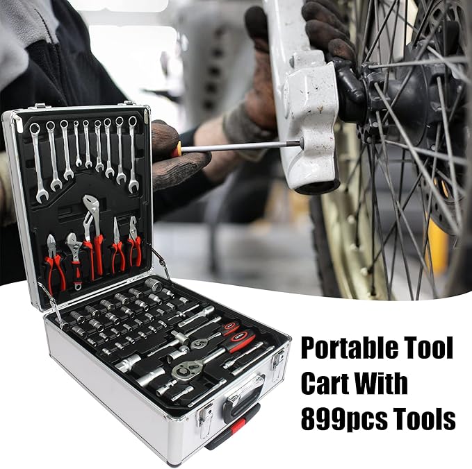 RYH 899pcs All-in-One Professional Tool Set & Rolling Tool Box Set - 4 Drawer Organizer Storage Case - Complete Home, Auto, Mechanic Tool Kit for DIY, Homeowner, Handyman Tool Set (899pcs+Silver)