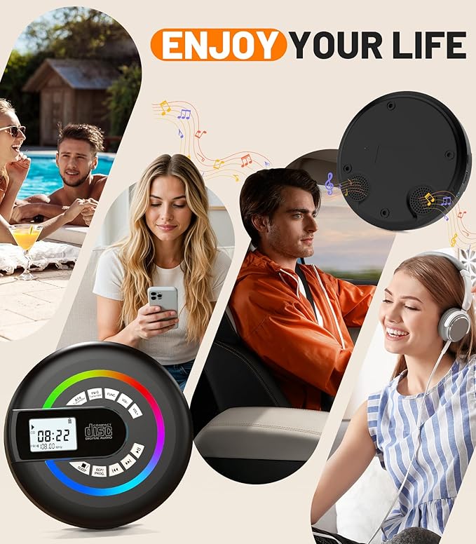 Portable CD Player with Speaker Bluetooth Discman for Car with FM Transmitter Rechargeable Lightweight Anti-Skip Protection Repeat Headphones AUX/USB LCD Display RGB Light Gifts Kids Student