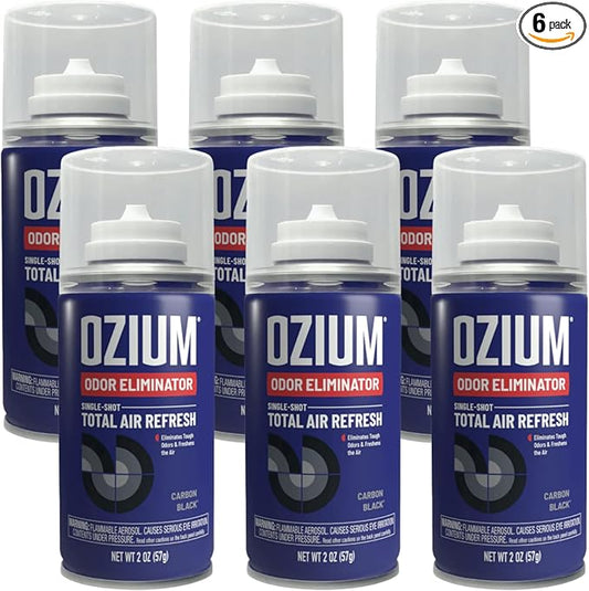 Ozium Air Sanitizer, 2 oz Car Fogger: Single-Shot Smoke Odor Eliminator & Car Air Freshener (Carbon Black, 6 Packs)