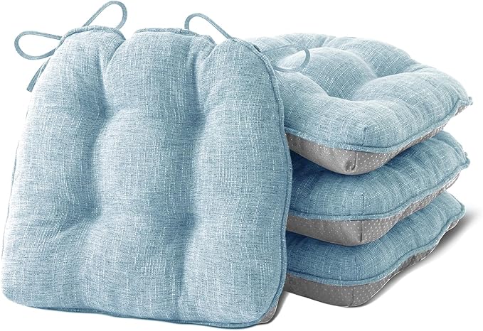 IPYNBAP Chair Cushions for Dining Chairs Set of 4, Kitchen Chair Cushions, Chair Pads with Ties and Non Slip Backing, Tufted Memory Foam Seat Cushion 4 Pack, 15.5" x 15.5" x 4", Baby Blue