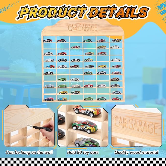 Seenelling Wooden Display Case for Hot Diecast Wheels, Wall Mount, 1/64 Scale, Toy Car Storage Display Shelf, Model Car Storage Organizer, Cabinet for Model Collectible(Wood Color,60 Spaces)