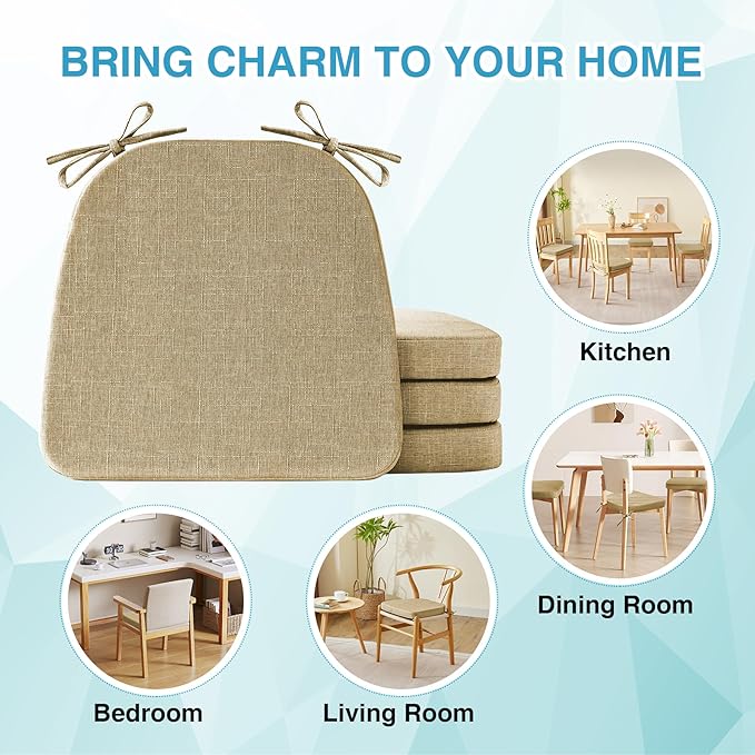 IASEAHK Chair Cushions for Dining Chairs Set of 6, Non Slip Kitchen Chair Pads, 17" x 16" x 2", Indoor Dining Chair Cushions with Ties, D-Shaped Seat Cushions for Kitchen Chairs, Khaki