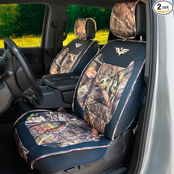 Mossy Oak Heavy Duty Premium Truck Seat Covers for Front Seats, Fits Full-Size Truck SUV, Padded Seat Cover with Bottom Wrap-around, Front & Rear Storage Pockets,Front Seat Protector, Waterproof, 2 pc