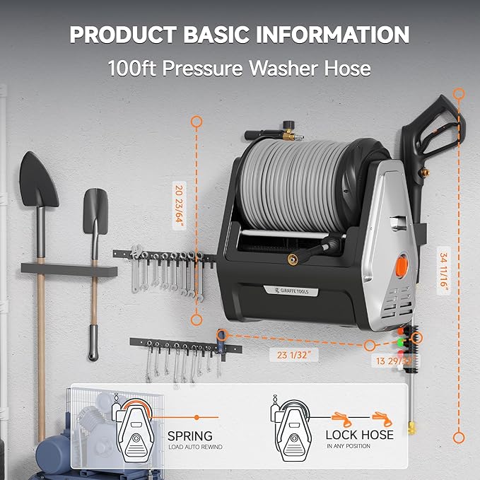 Giraffe Tools Grandfalls Retractable Wall Mount Pressure Washer Plus, Electric Power Washer with 100ft Pressure Hose, Max 2900PSI 2.2 GPM, Automatic Rewind, Any Length Lock, Light Silver